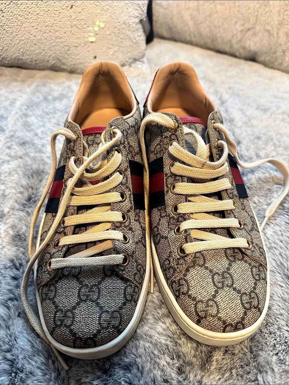 Gucci GG Supreme New Ace Sneaker Web Bee Snake GG Canvas Sneakers in Brown & Red